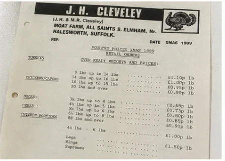 J. H. Cleveley poultry price list from 1989